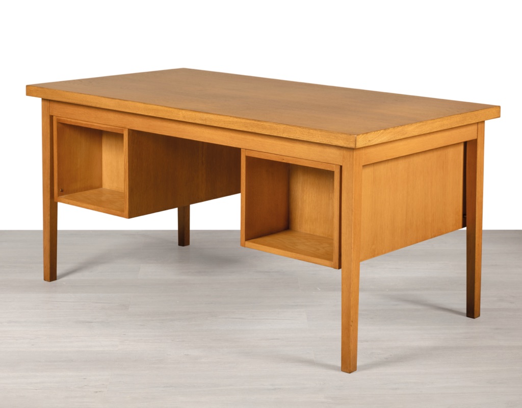 Gunnar Nielsen Tibergaard desk Danish vintage 1960s Denmark mid century modern Scandinavian design European oak drawers rear bookshelf office furniture