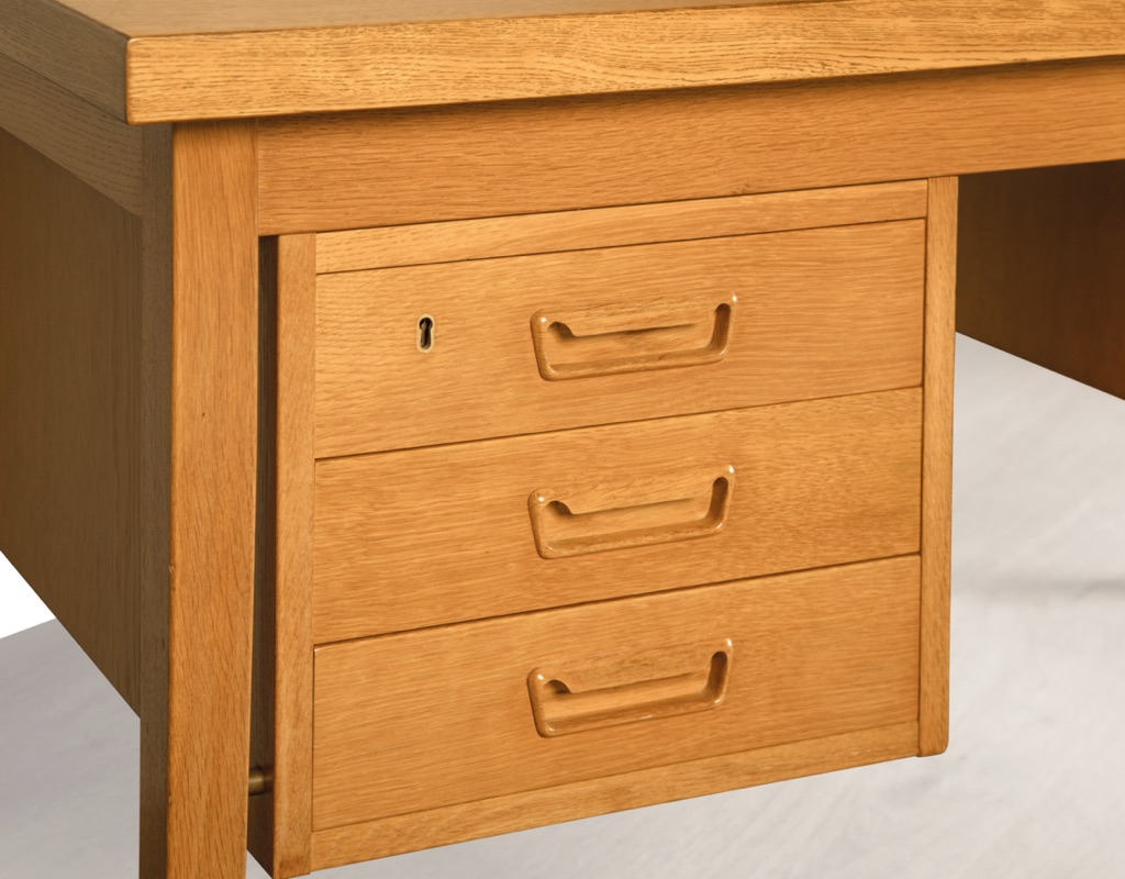 Gunnar Nielsen Tibergaard desk Danish vintage 1960s Denmark mid century modern Scandinavian design European oak drawers rear storage office furniture lockable drawer
