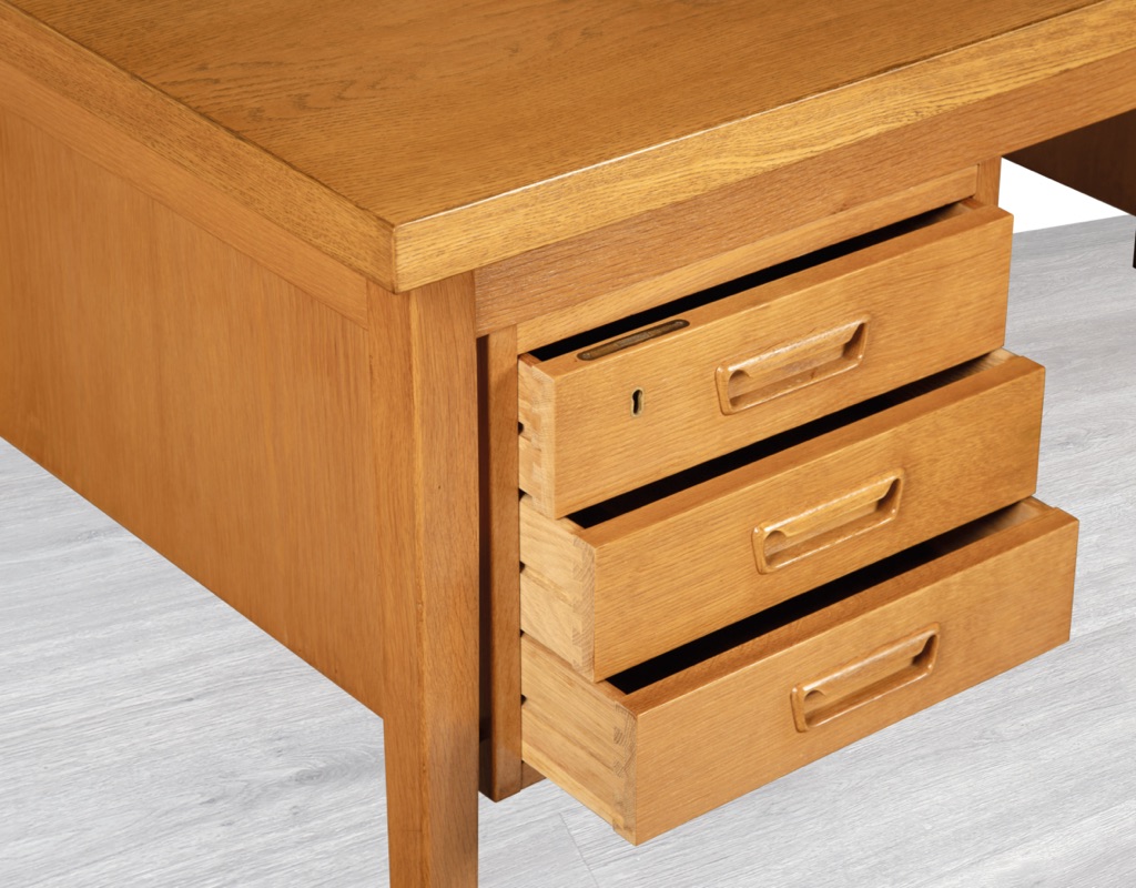 Gunnar Nielsen Tibergaard desk Danish vintage 1960s Denmark mid century modern Scandinavian design European oak drawers rear storage office furniture dovetail