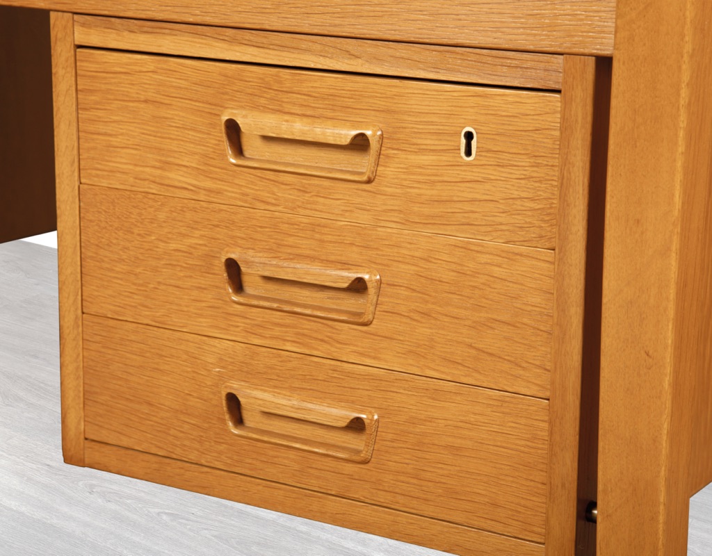 Gunnar Nielsen Tibergaard desk Danish vintage 1960s Denmark mid century modern Scandinavian design European oak drawers rear storage office furniture handles