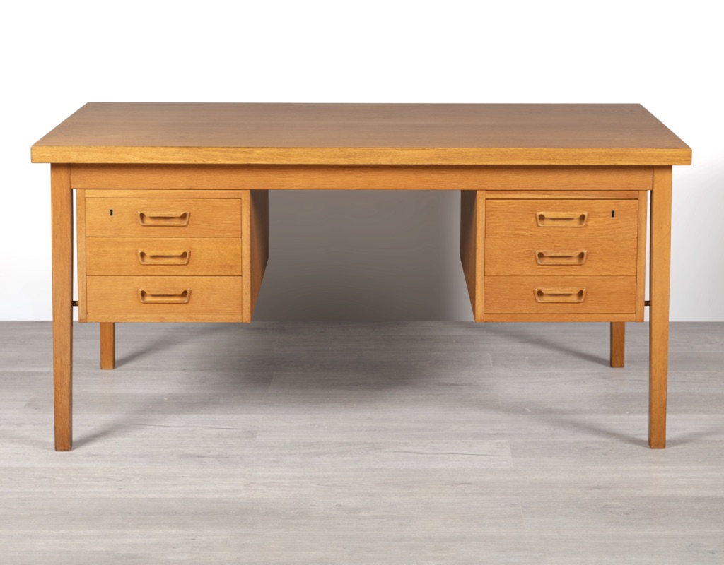 Gunnar Nielsen Tibergaard desk Danish vintage 1960s Denmark mid century modern Scandinavian design European oak drawers rear storage office furniture