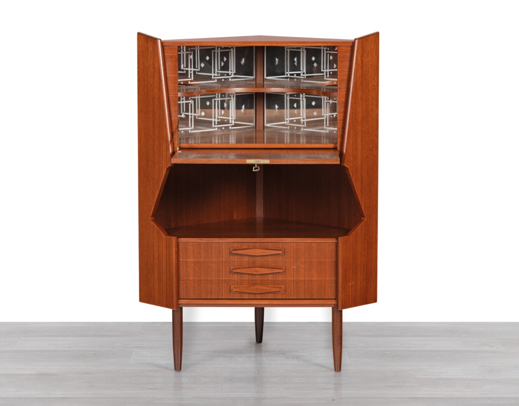 Mid Century Modern Danish Corner Cabinet Gunni Omann Omann Jun Mobelfabrik Teak Bar Cabinet Drop Front Scandinavian Vintage 1960s Drinks Mirror