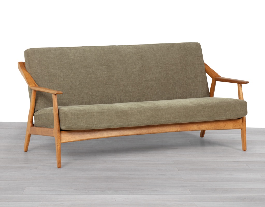 H. Brockmann Petersen Mid Century Modern Danish Vintage 1960s Sofa Randers Mobelfabrik European Oak Frame Three Seater