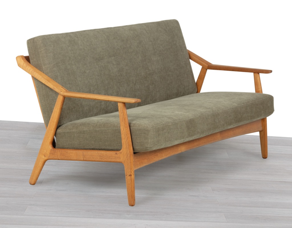 H. Brockmann Petersen Mid Century Modern Danish Vintage 1960s Sofa Randers Mobelfabrik European Oak Frame Three Seater New Upholstery