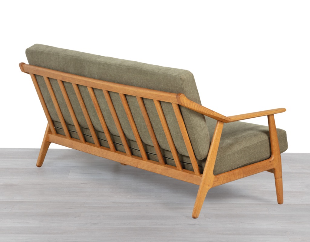 H. Brockmann Petersen Mid Century Modern Danish Vintage 1960s Sofa Randers Mobelfabrik European Oak Frame Three Seater Slatted Back