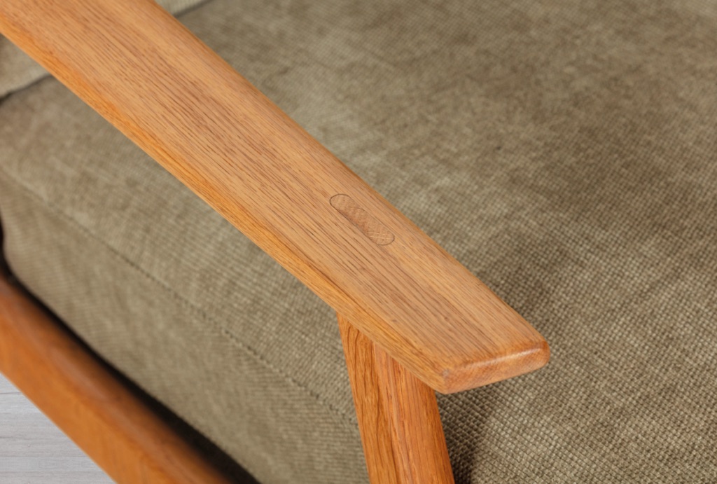 H. Brockmann Petersen Mid Century Modern Danish Vintage 1960s Sofa Randers Mobelfabrik European Oak Frame Three Seater Detail