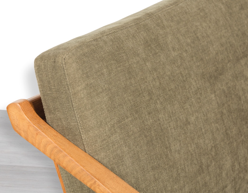 H. Brockmann Petersen Mid Century Modern Danish Vintage 1960s Sofa Randers Mobelfabrik European Oak Frame mortise and tenon Three Seater Green Fabric