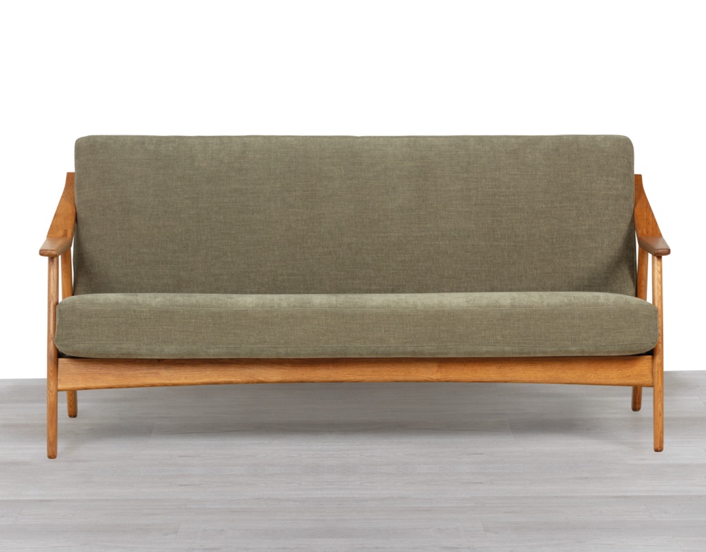 H. Brockmann Petersen Mid Century Modern Danish Vintage 1960s Sofa Randers Mobelfabrik European Oak Frame mortise and tenon Three Seater Green Upholstery
