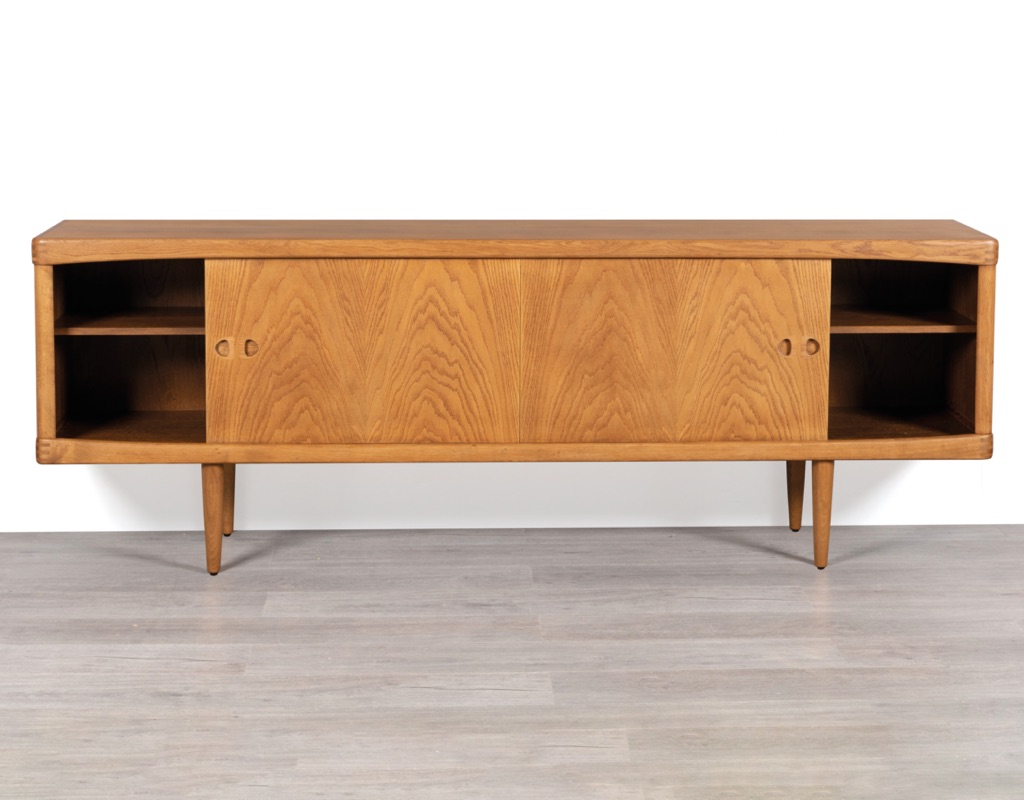 Mid century modern H.W. Klein sideboard Bramin Mobler credenza Danish vintage 1960s European oak teak original Scandinavian storage exposed finger join detail sliding doors