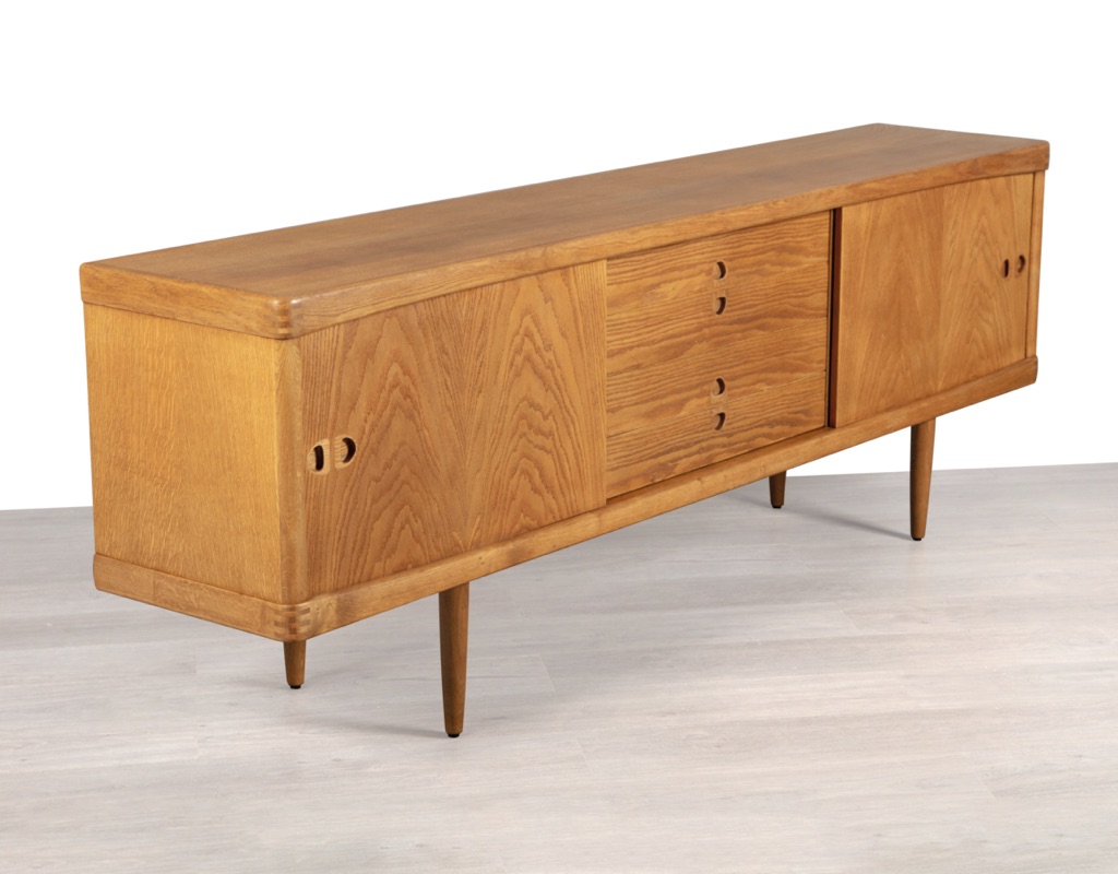 Mid century modern H.W. Klein sideboard Bramin Mobler credenza Danish vintage 1960s European oak teak original Scandinavian storage exposed finger join detail 225cm