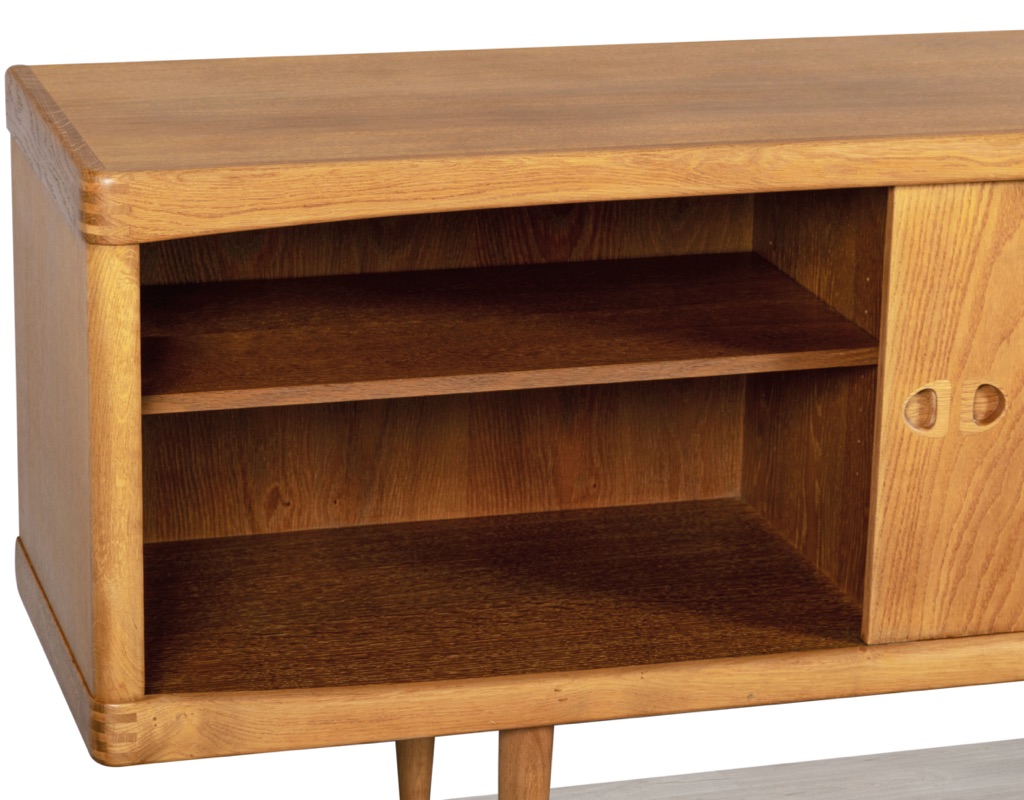 Mid century modern H.W. Klein sideboard Bramin Mobler credenza Danish vintage 1960s European oak teak original Scandinavian storage exposed finger join detail shelving