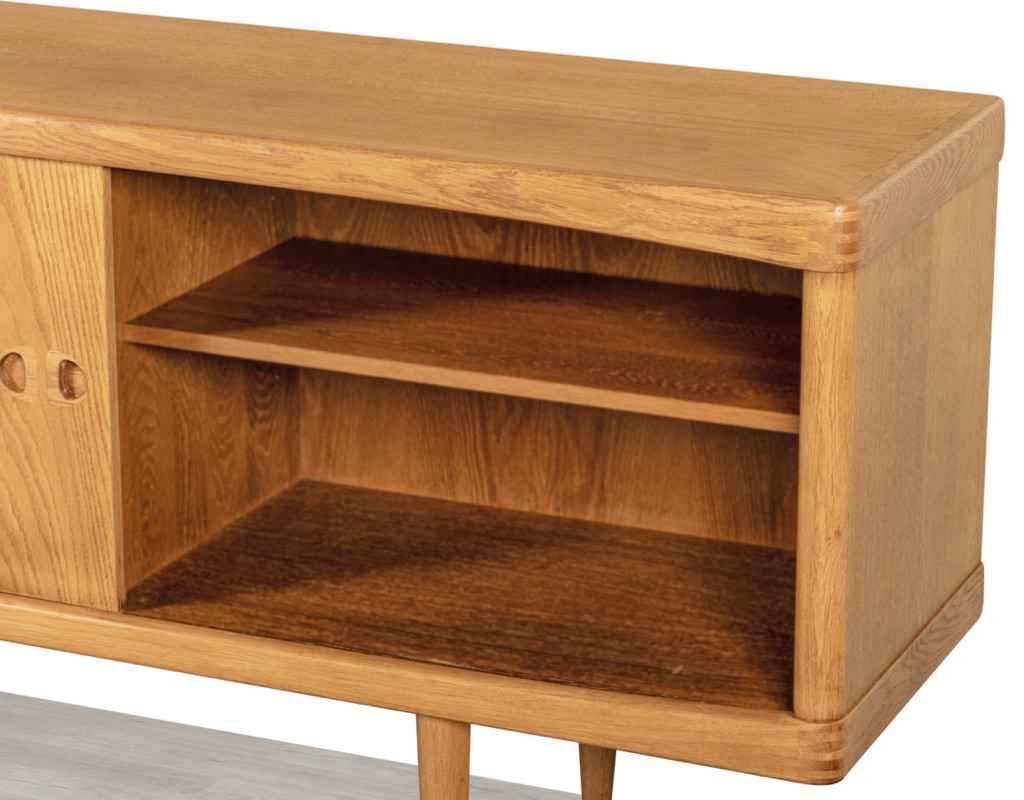 Mid century modern H.W. Klein sideboard Bramin Mobler credenza Danish vintage 1960s European oak teak original Scandinavian storage exposed finger join detail open door
