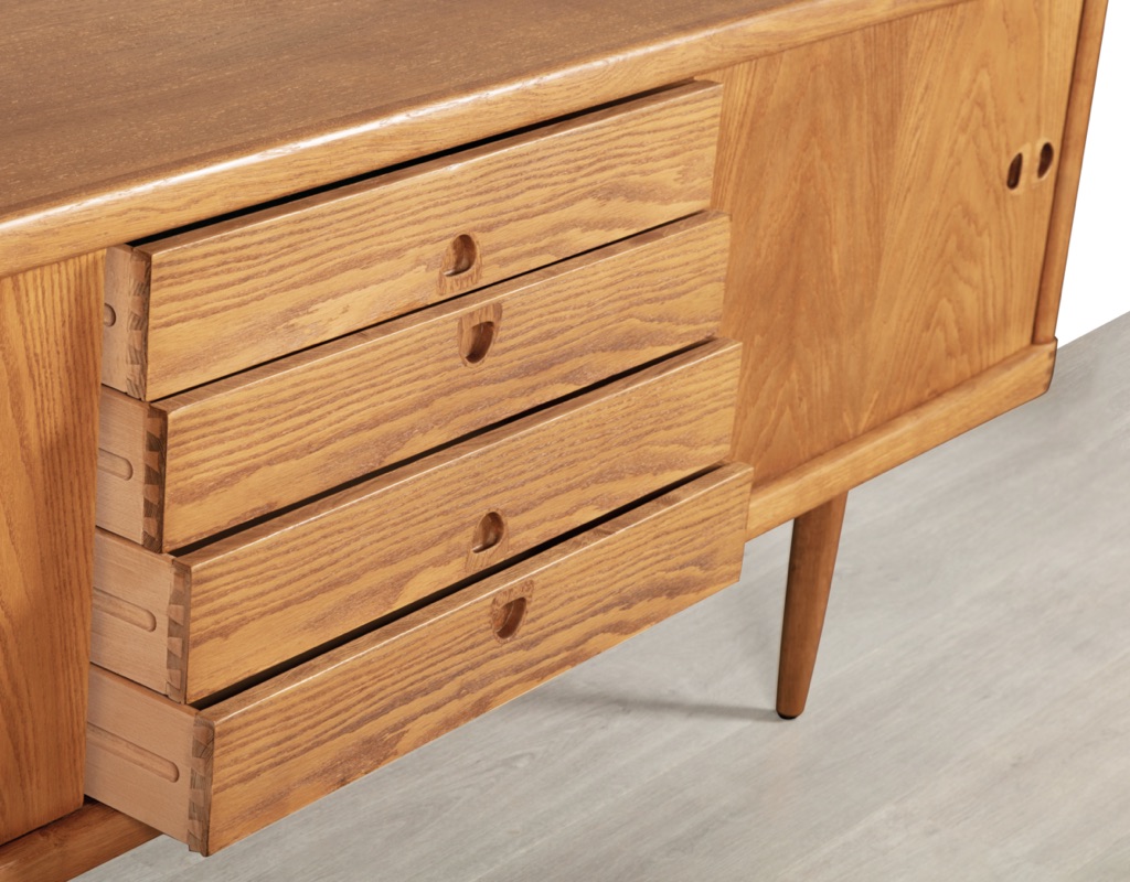 Mid century modern H.W. Klein sideboard Bramin Mobler credenza Danish vintage 1960s European oak teak original Scandinavian storage exposed finger join detail dovetail drawers