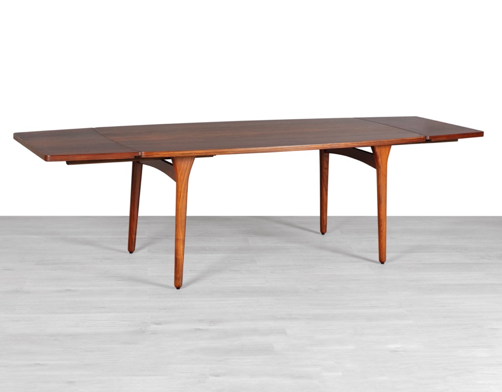 Mid century modern Henning Kjaernulf dining table Bruno Hansen Mobelfabrik Danish 1960s Brazilian Rosewood extension leaves boat shape profile