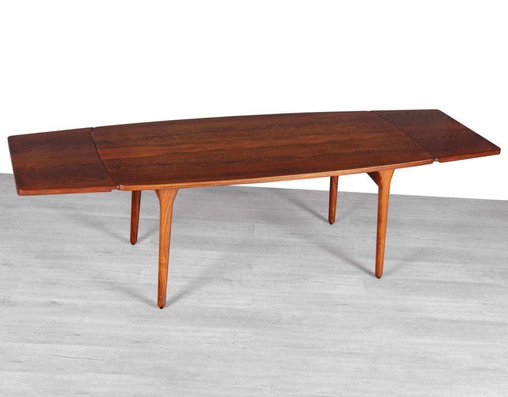 Mid century modern Henning Kjaernulf dining table Bruno Hansen Mobelfabrik Danish 1960s Brazilian Rosewood extension leaves boat shape top