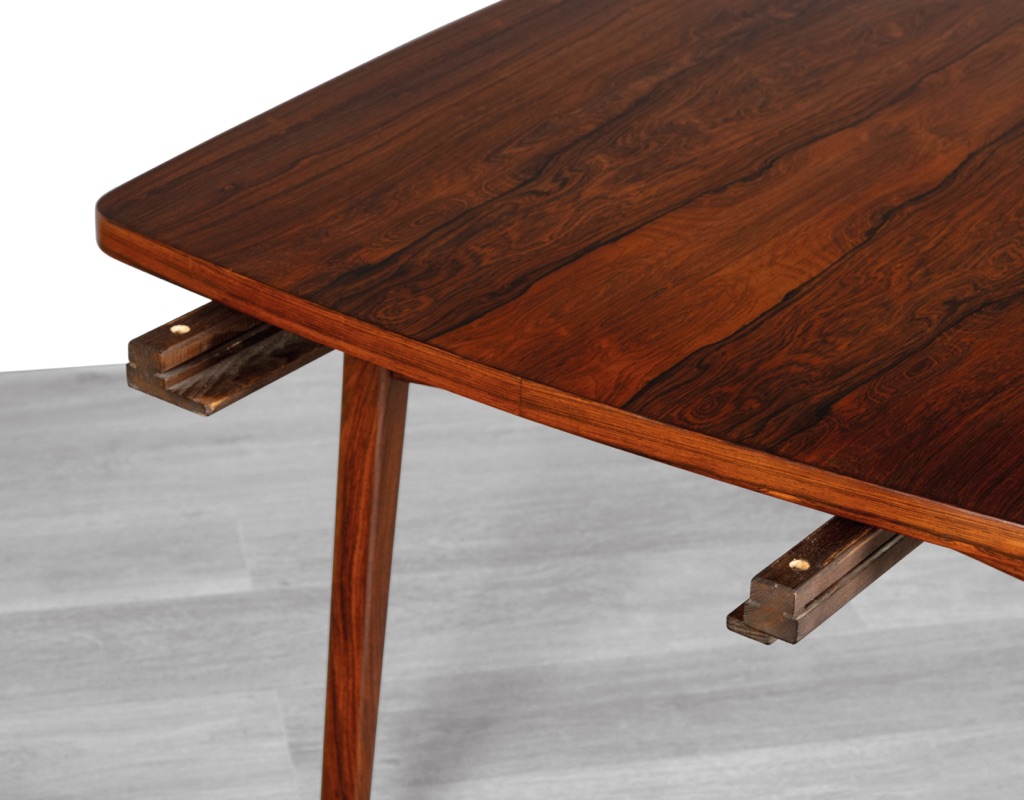 Mid century modern Henning Kjaernulf dining table Bruno Hansen Mobelfabrik Danish 1960s Brazilian Rosewood extension leaves boat shape pull arms