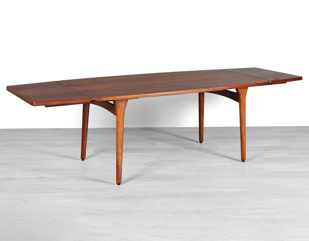 Mid century modern Henning Kjaernulf dining table Bruno Hansen Mobelfabrik Danish 1960s Brazilian Rosewood extension leaves boat shape 10 seater