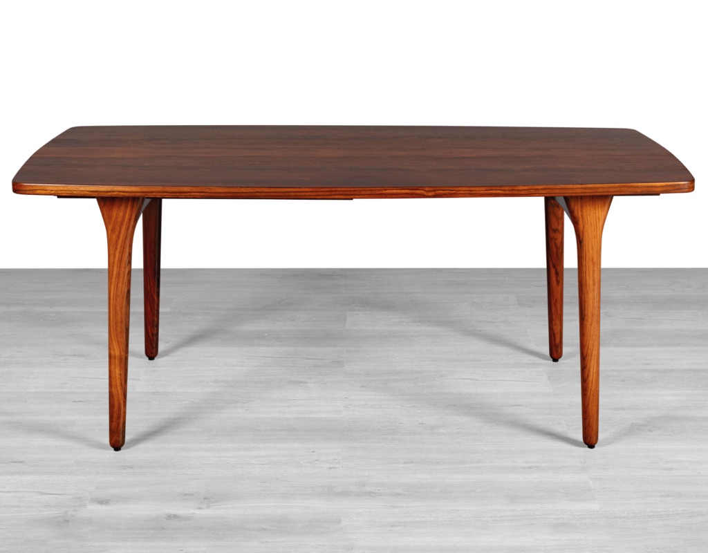 Mid century modern Henning Kjaernulf dining table Bruno Hansen Mobelfabrik Danish 1960s Brazilian Rosewood extension leaves boat shape