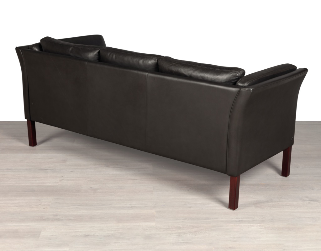 Hurup sofa couch Danish mid century modern vintage leather two seater seating black leather Scandinavian design patina Mobelfabrik back view