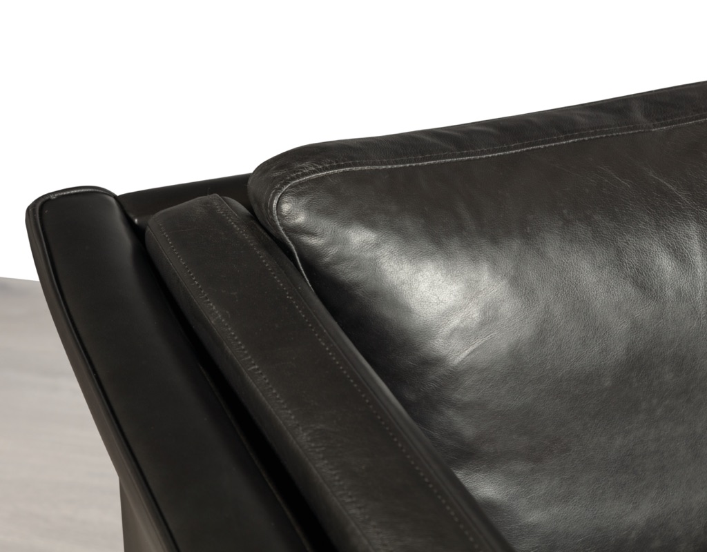 Hurup sofa couch Danish mid century modern vintage leather two seater seating black leather Scandinavian design patina Mobelfabrik corner detail