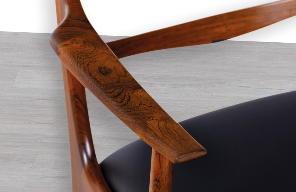 Johannes Andersen Dining Chair Uldum Mobelfabrik Model UM37 Brazilian Rosewood Ladder Back Mid Century Modern Danish Vintage Carver Chair Arm Detail