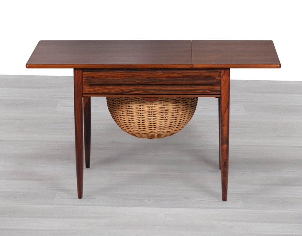 Johannes Andersen Sewing Table Drop Side Woven Basket Silkeborg Mobelfabrik Brazilian Rosewood Danish Vintage 1960s Mid Century Modern Occasional