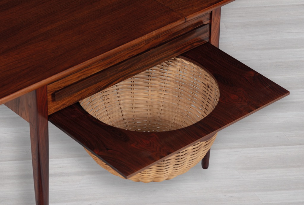 Johannes Andersen Sewing Table Drop Side Woven Basket Silkeborg Mobelfabrik Brazilian Rosewood Danish Vintage 1960s Mid Century Modern Cane
