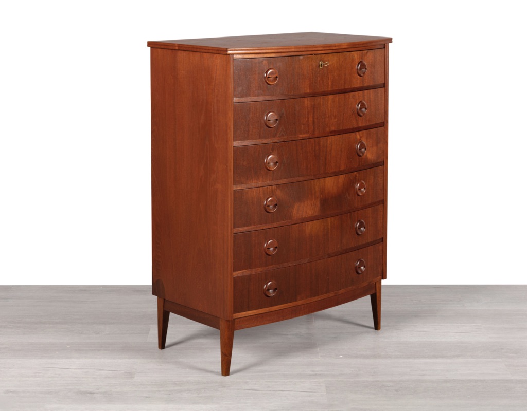 Mid century modern Kai Kristiansen chest of drawers tallboy Danish 1960s teak bow front oak legs original imported Scandinavian bedroom furniture profile