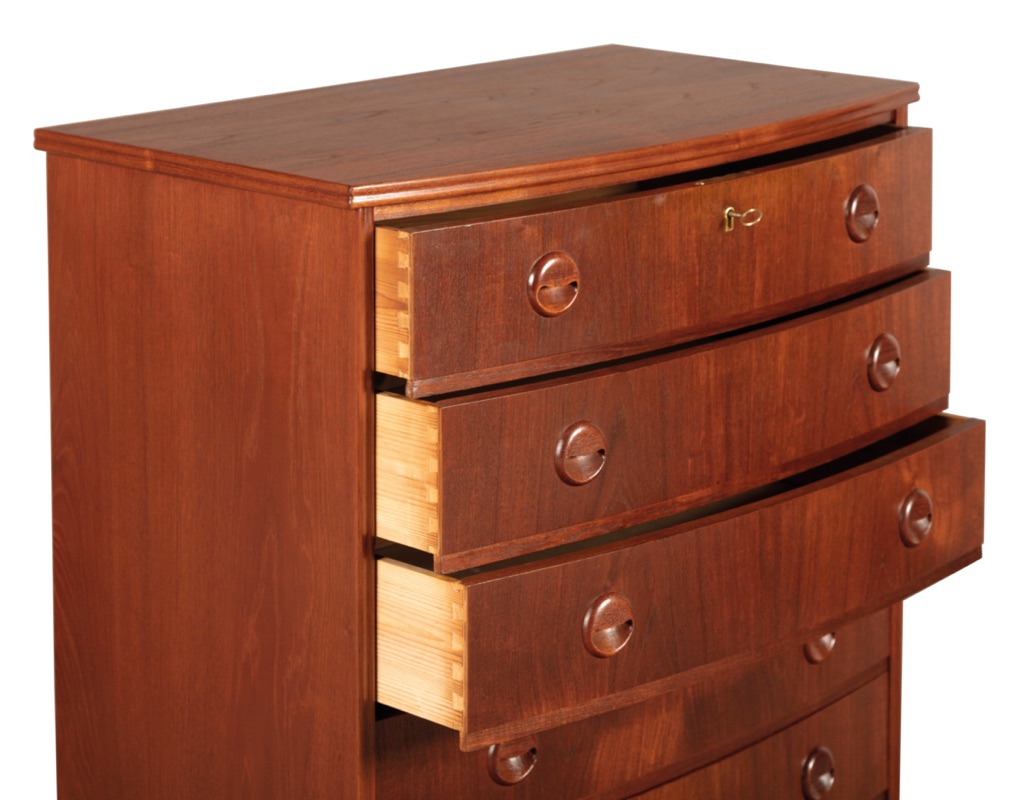 Mid century modern Kai Kristiansen chest of drawers tallboy Danish 1960s teak bow front oak legs original imported Scandinavian bedroom furniture drawers open