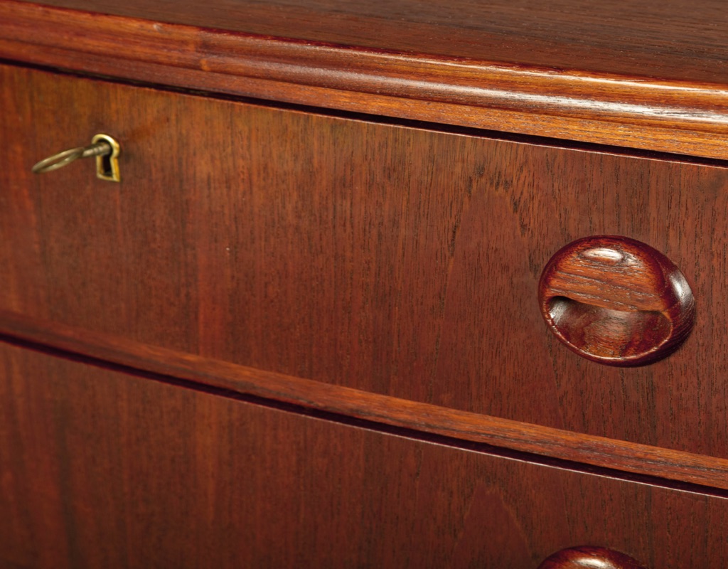 Mid century modern Kai Kristiansen chest of drawers tallboy Danish 1960s teak bow front oak legs original imported Scandinavian bedroom furniture lockable key