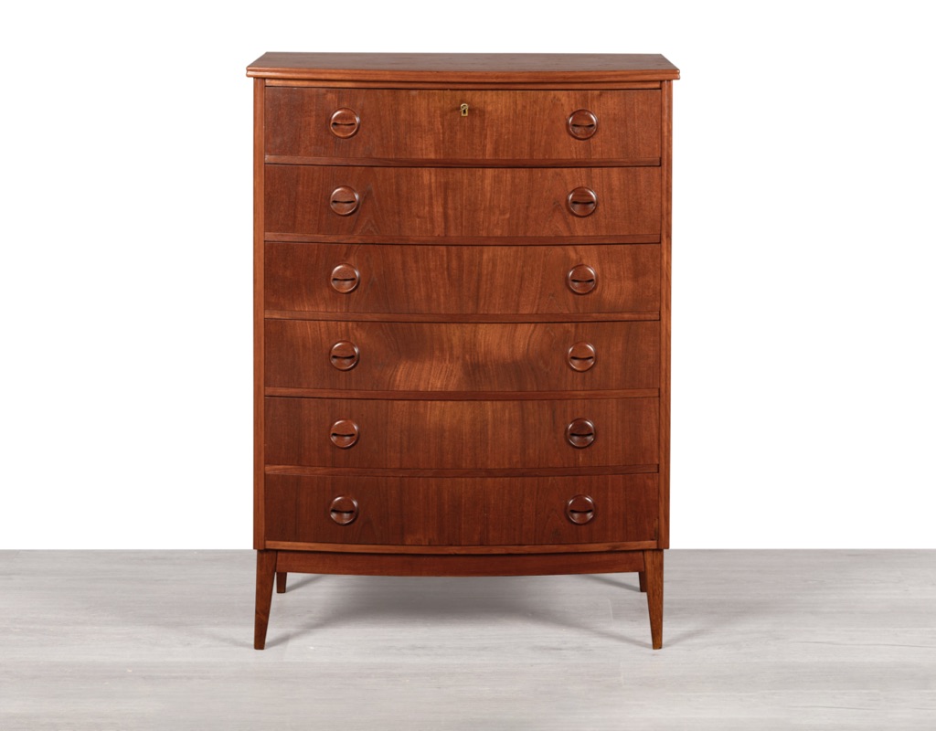 Mid century modern Kai Kristiansen chest of drawers tallboy Danish 1960s teak bow front oak legs original imported Scandinavian bedroom furniture