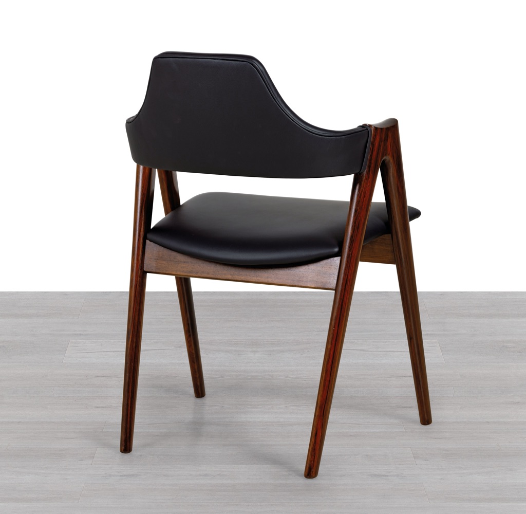 Kai Kristiansen Compass Chair Schou Andersen Mobelfabrik Brazilian Rosewood Mid Century Modern Danish Scandinavian Vintage 1960s Dining Room Chairs Curved Back Black Leather