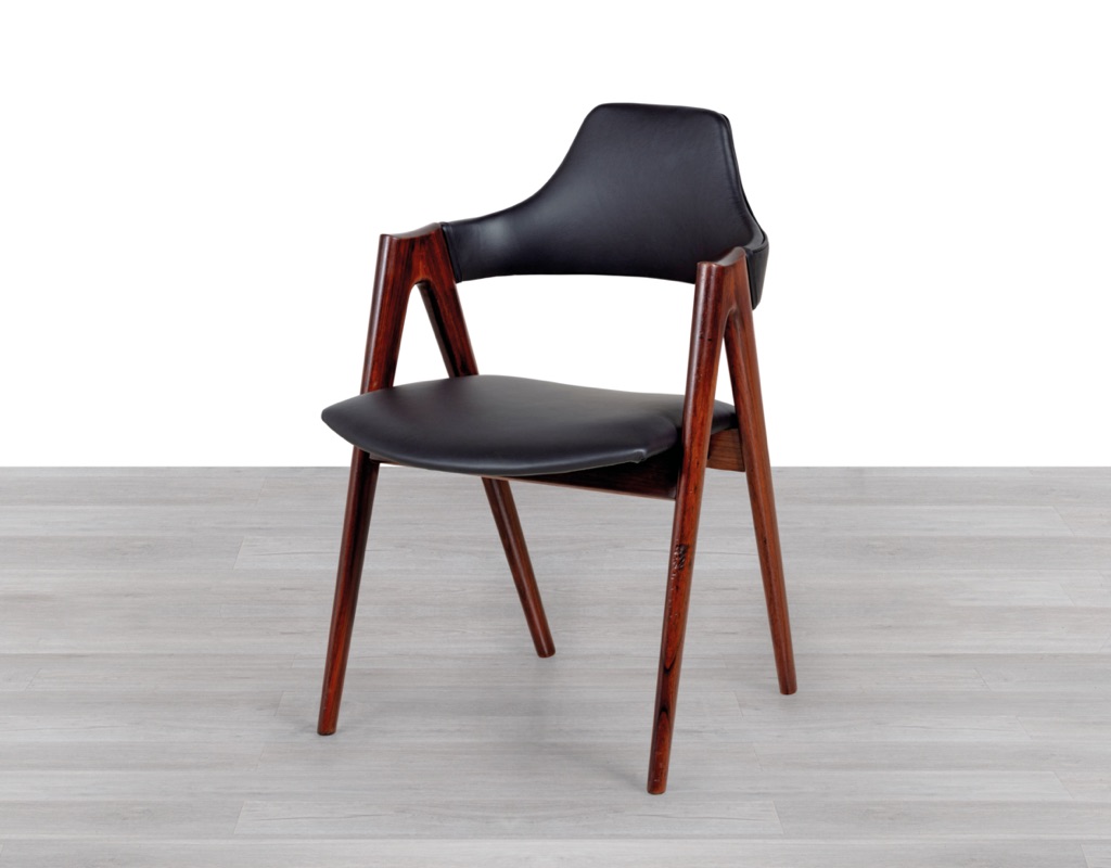 Kai Kristiansen Compass Chair Schou Andersen Mobelfabrik Brazilian Rosewood Mid Century Modern Danish Scandinavian Vintage 1960s Dining Room Chair Black Leather