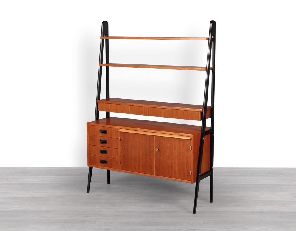 Mid Century Modern Swedish Bookshelf AB Svenska Ramfabriken Teak Aframe Side Uprights Vintage