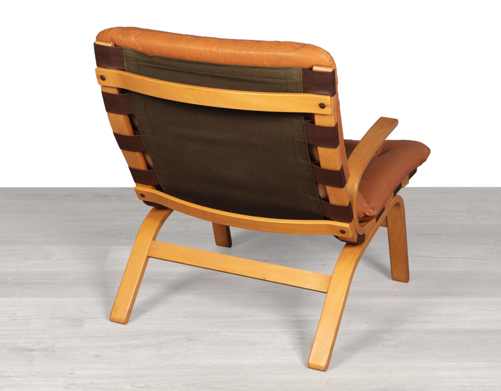 Mid century modern armchair Farstrup Mobler bentwood beech leather chair Danish vintage original Scandinavian design patina tan leather lounge room furniture seating canvas back original straps