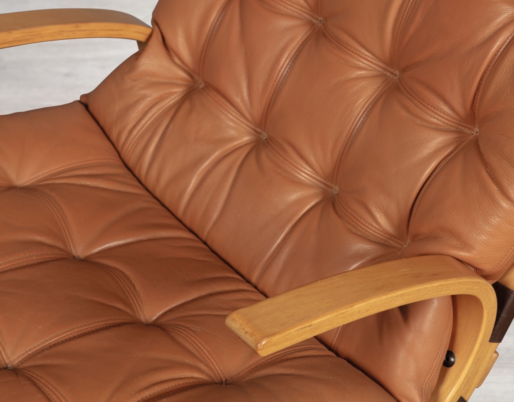 Mid century modern armchair Farstrup Mobler bentwood beech leather chair Danish vintage original Scandinavian design patina tan leather lounge room furniture seating close up patina tan colour