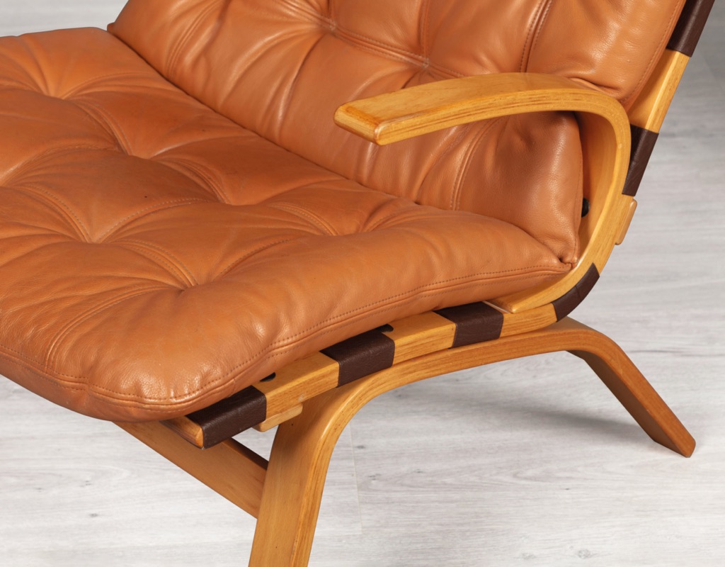 Mid century modern armchair Farstrup Mobler bentwood beech leather chair Danish vintage original Scandinavian design patina tan leather lounge room furniture seating button seat and back
