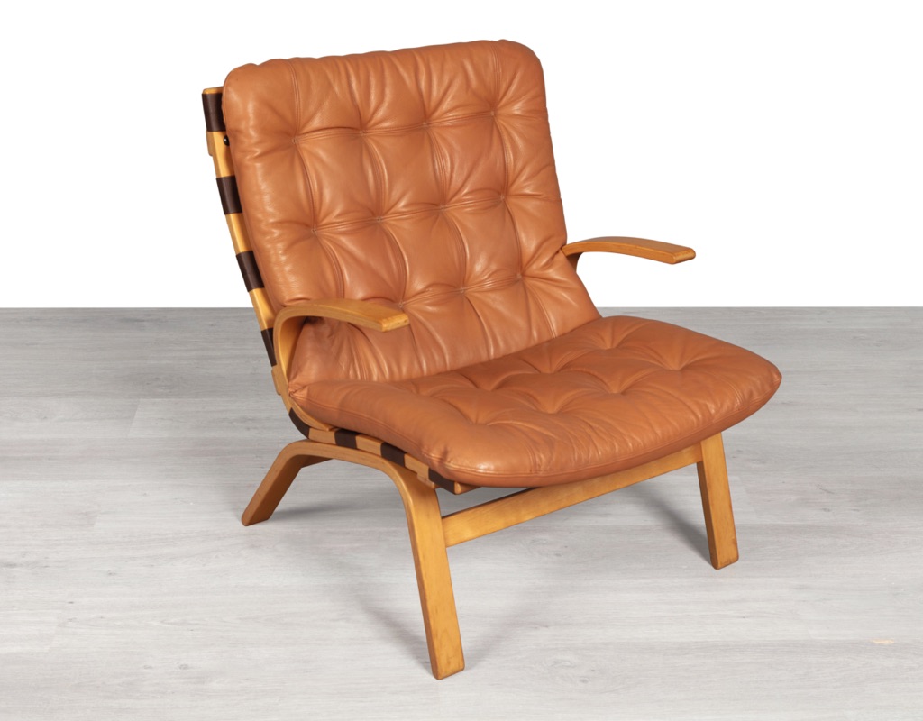 Mid century modern armchair Farstrup Mobler bentwood beech leather chair Danish vintage original Scandinavian design patina tan leather lounge room furniture seating profile