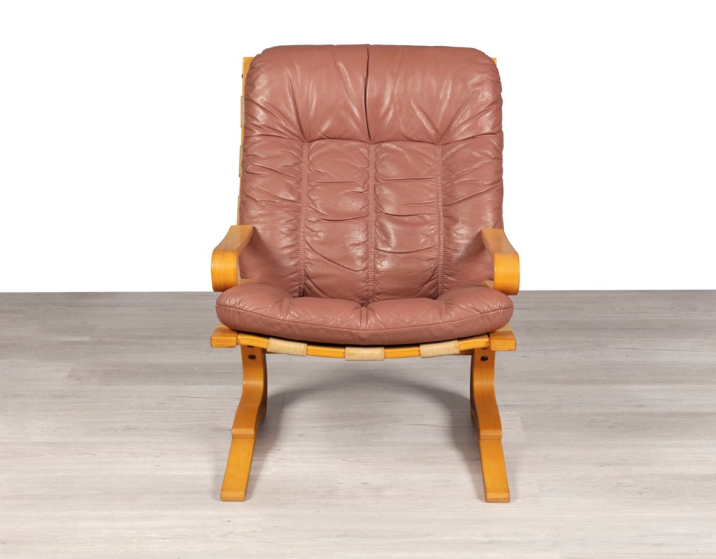 Mid century modern armchair Kengu Else Nordahl Solheim Norwegian vintage 1970s Rybo Rykken leather beech frame canvas sling original Scandinavian seating design patina pink leather front view