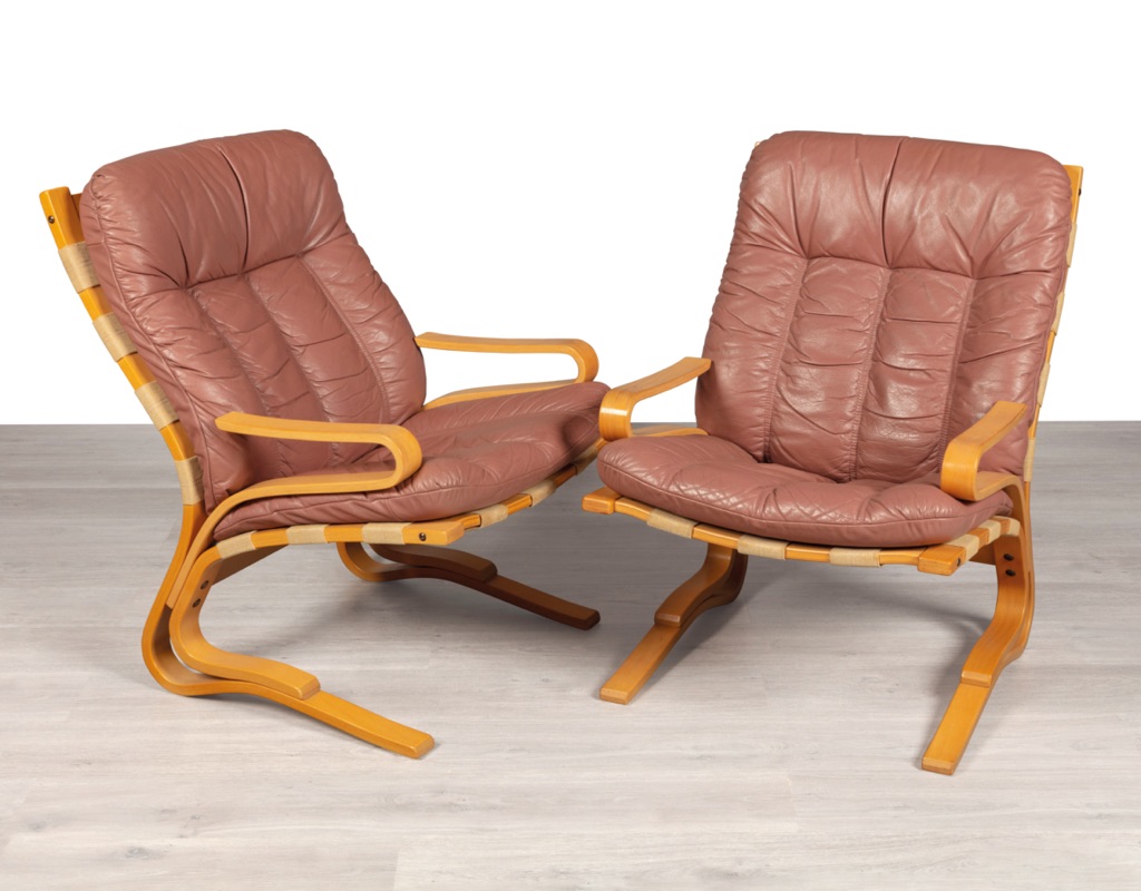 Mid century modern armchair Kengu Else Nordahl Solheim Norwegian vintage 1970s Rybo Rykken leather beech frame canvas sling original Scandinavian seating design patina pink leather cantilever design