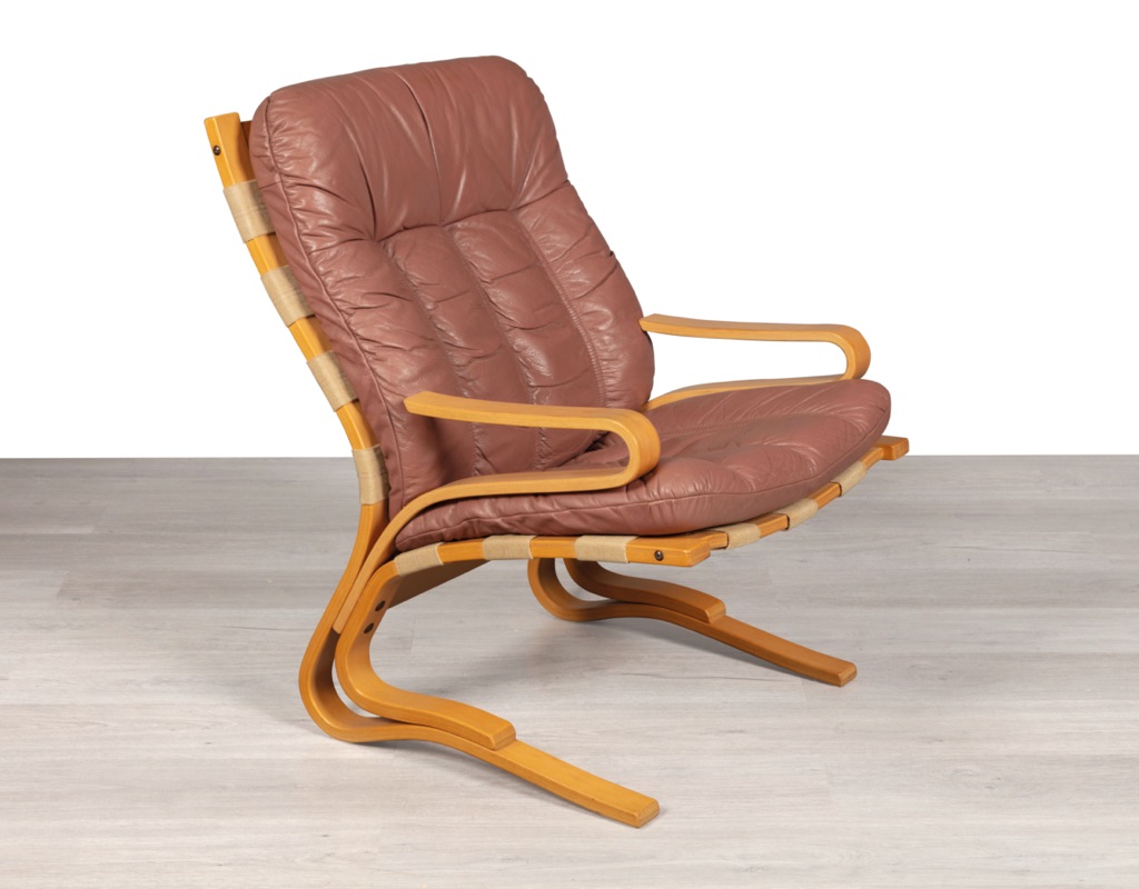 Mid century modern armchair Kengu Else Nordahl Solheim Norwegian vintage 1970s Rybo Rykken leather beech frame canvas sling original Scandinavian seating design patina pink leather curves
