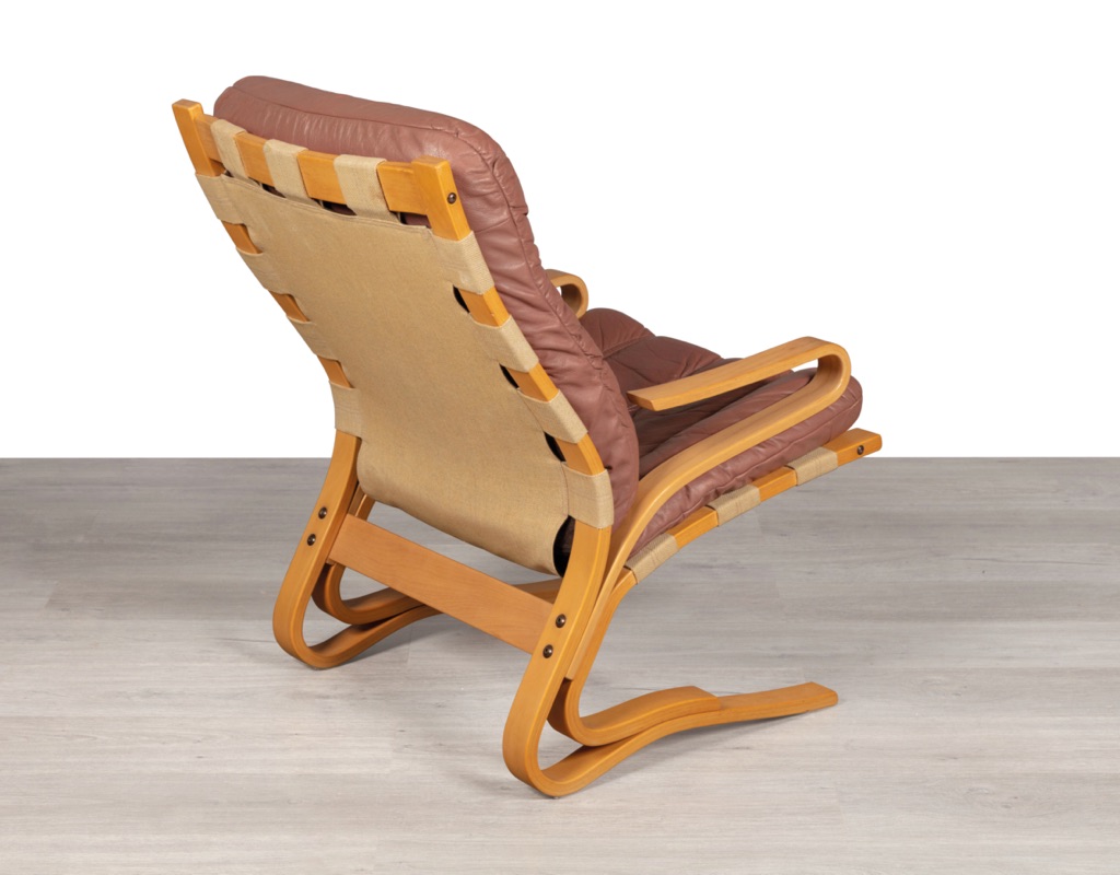 Mid century modern armchair Kengu Else Nordahl Solheim Norwegian vintage 1970s Rybo Rykken leather beech frame canvas sling original Scandinavian seating design patina pink leather back view canvas sling