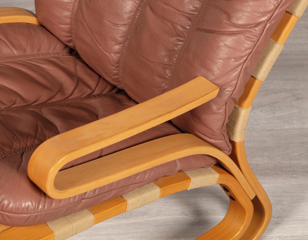 Mid century modern armchair Kengu Else Nordahl Solheim Norwegian vintage 1970s Rybo Rykken leather beech frame canvas sling original Scandinavian seating design patina pink leather bentwood arm