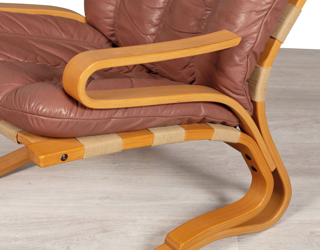 Mid century modern armchair Kengu Else Nordahl Solheim Norwegian vintage 1970s Rybo Rykken leather beech frame canvas sling original Scandinavian seating design patina pink leather curved arm canvas sling