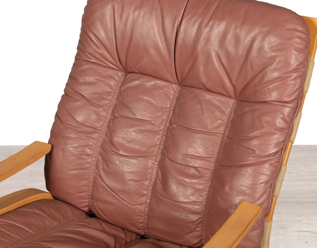 Mid century modern armchair Kengu Else Nordahl Solheim Norwegian vintage 1970s Rybo Rykken leather beech frame canvas sling original Scandinavian seating design patina pink leather canvas