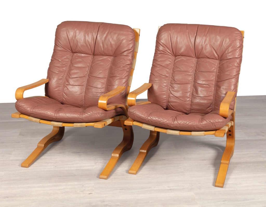 Mid century modern armchair Kengu Else Nordahl Solheim Norwegian vintage 1970s Rybo Rykken leather beech frame canvas sling original Scandinavian seating design patina pink leather two