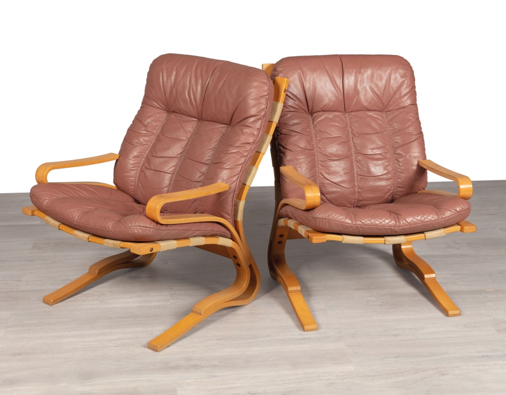 pair Mid century modern armchair Kengu Else Nordahl Solheim Norwegian vintage 1970s Rybo Rykken leather beech frame canvas sling original Scandinavian seating design patina pink leather