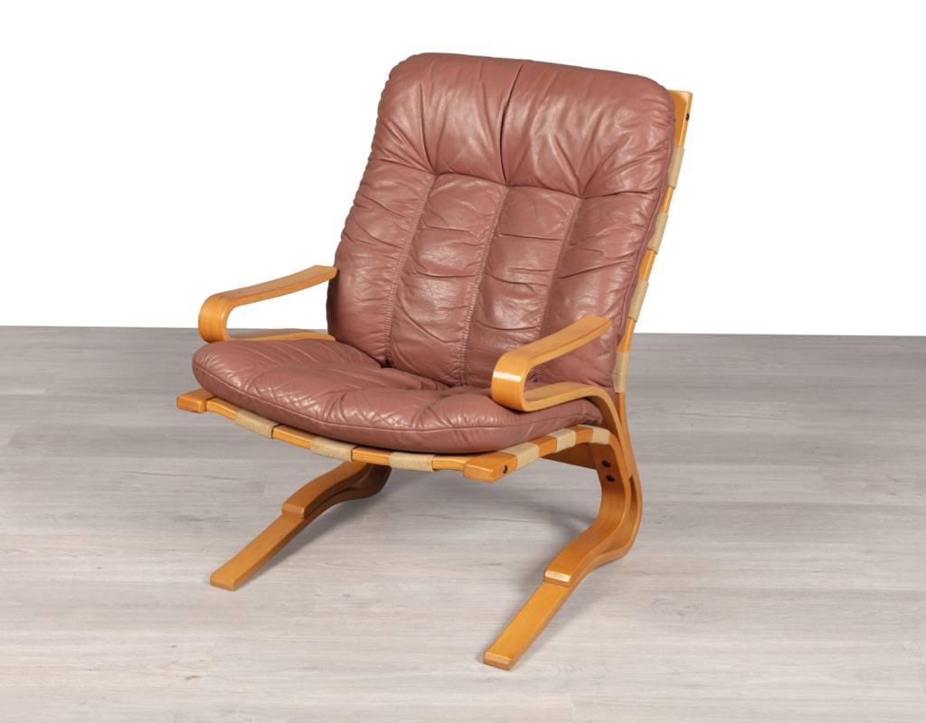 Mid century modern armchair Kengu Else Nordahl Solheim Norwegian vintage 1970s Rybo Rykken leather beech frame canvas sling original Scandinavian seating design patina pink leather profile