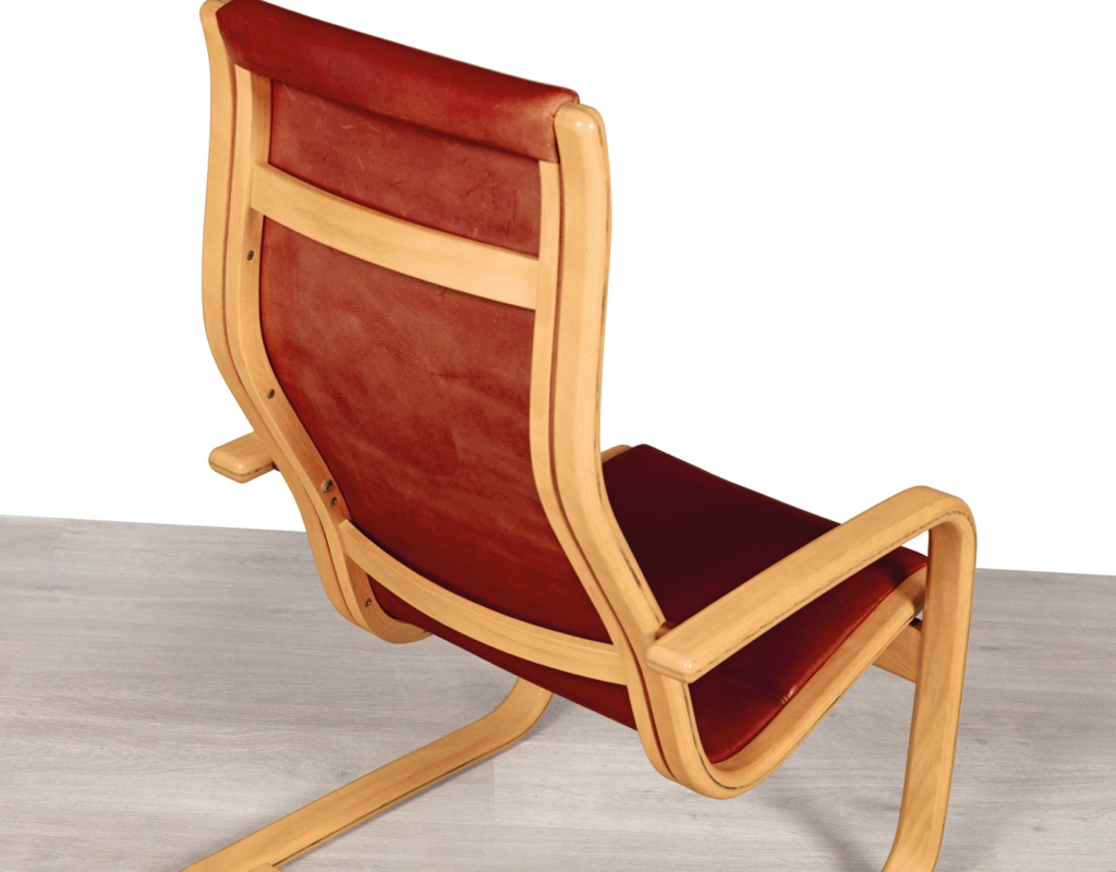 Mid century modern armchair Yngve Ekstrom Swedish vintage seating 1960 Model Melano Swedese leather bentwood beech frame original Scandinavian design patina 1980 back view faded