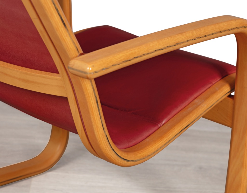 Mid century modern armchair Yngve Ekstrom Swedish vintage seating 1960 Model Melano Swedese leather bentwood beech frame original Scandinavian design patina 1980 detail arm